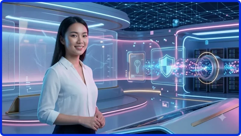 nguoi-dung-kiem-tra-thong-tin-bao-mat-tai-khoan-tren-man-hinh-holographic-voi-bieu-tuong-o-khoa Người dùng kiểm tra thông tin bảo mật tài khoản trên màn hình holographic với biểu tượng ổ khóa